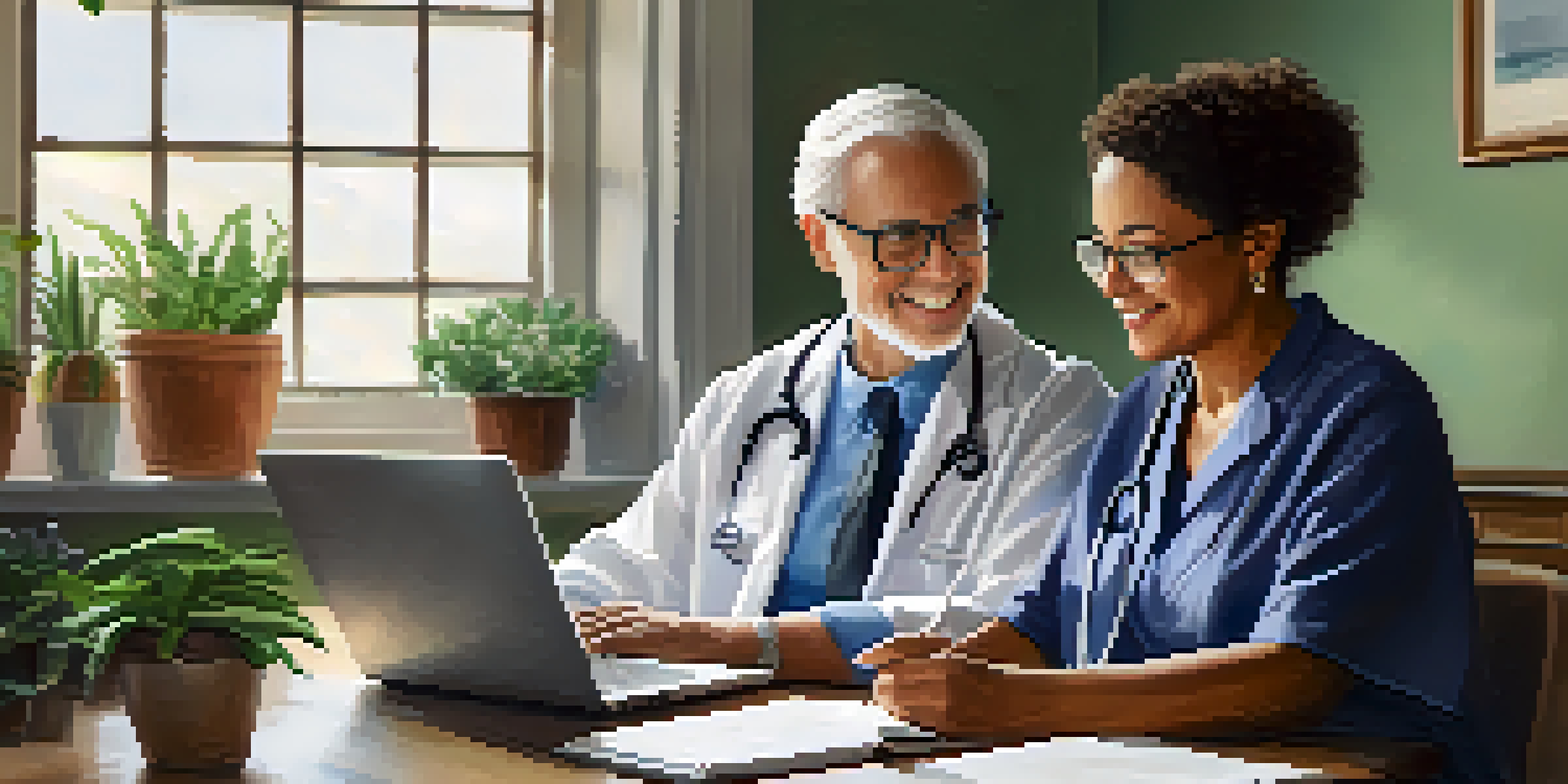 A doctor and an elderly patient engaged in a telehealth consultation, smiling and communicating over a laptop in a bright room.