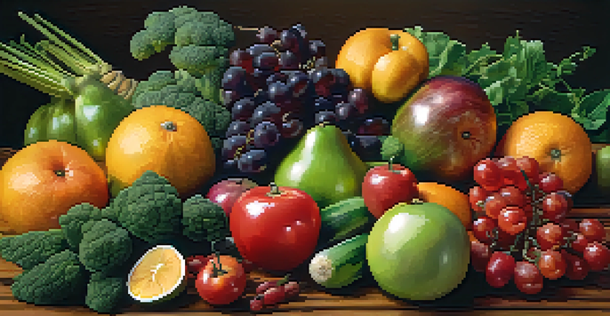 A flat lay of colorful fresh fruits and vegetables on a wooden table, showcasing their textures and vibrant colors.