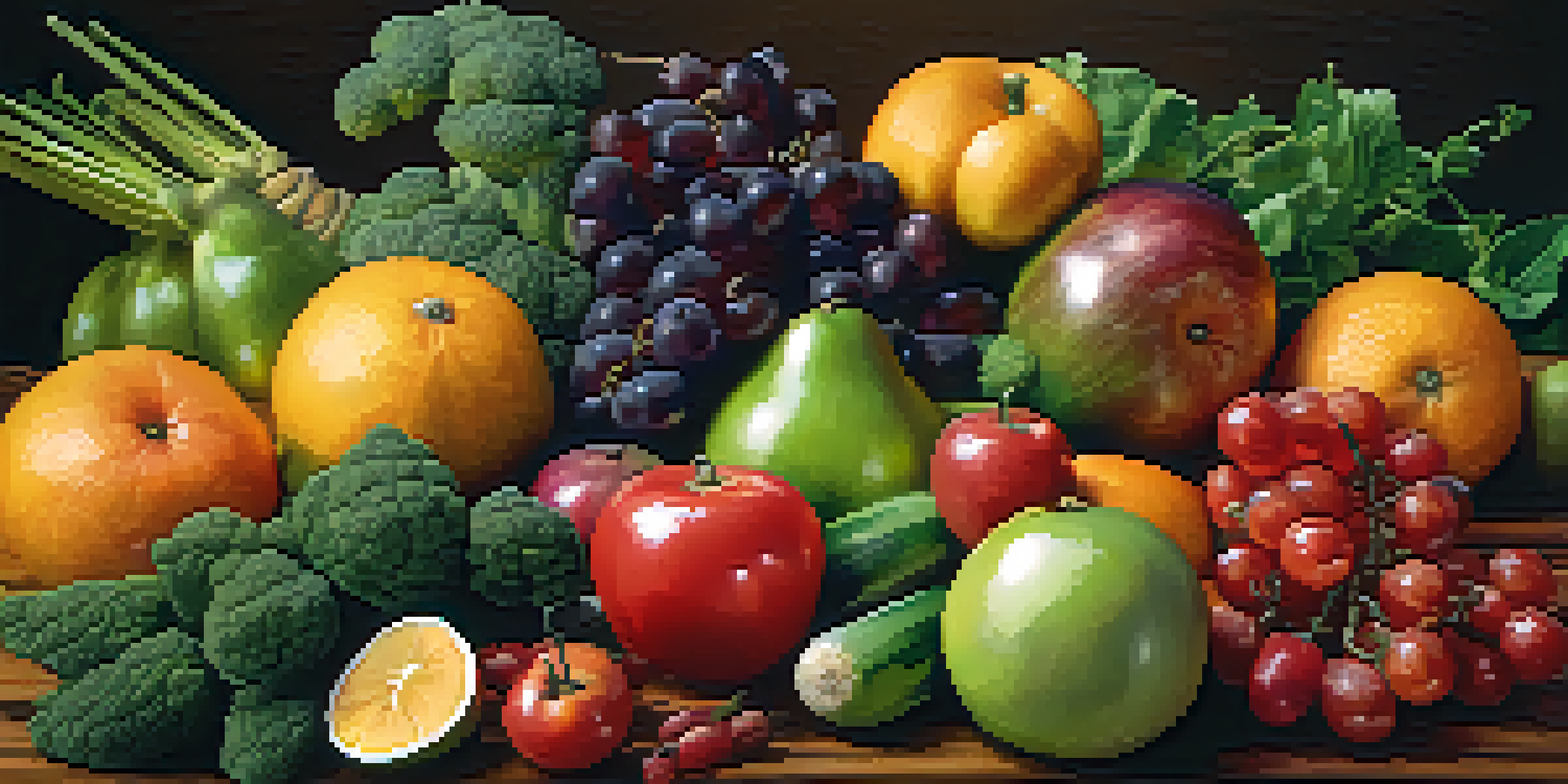 A flat lay of colorful fresh fruits and vegetables on a wooden table, showcasing their textures and vibrant colors.