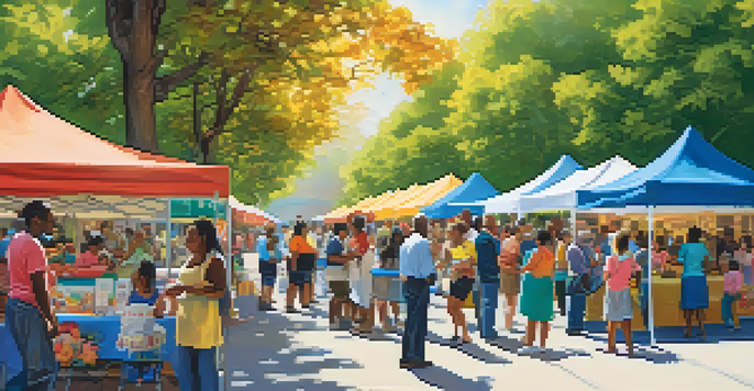 A community health fair with diverse participants engaging in various health activities under bright sunlight.