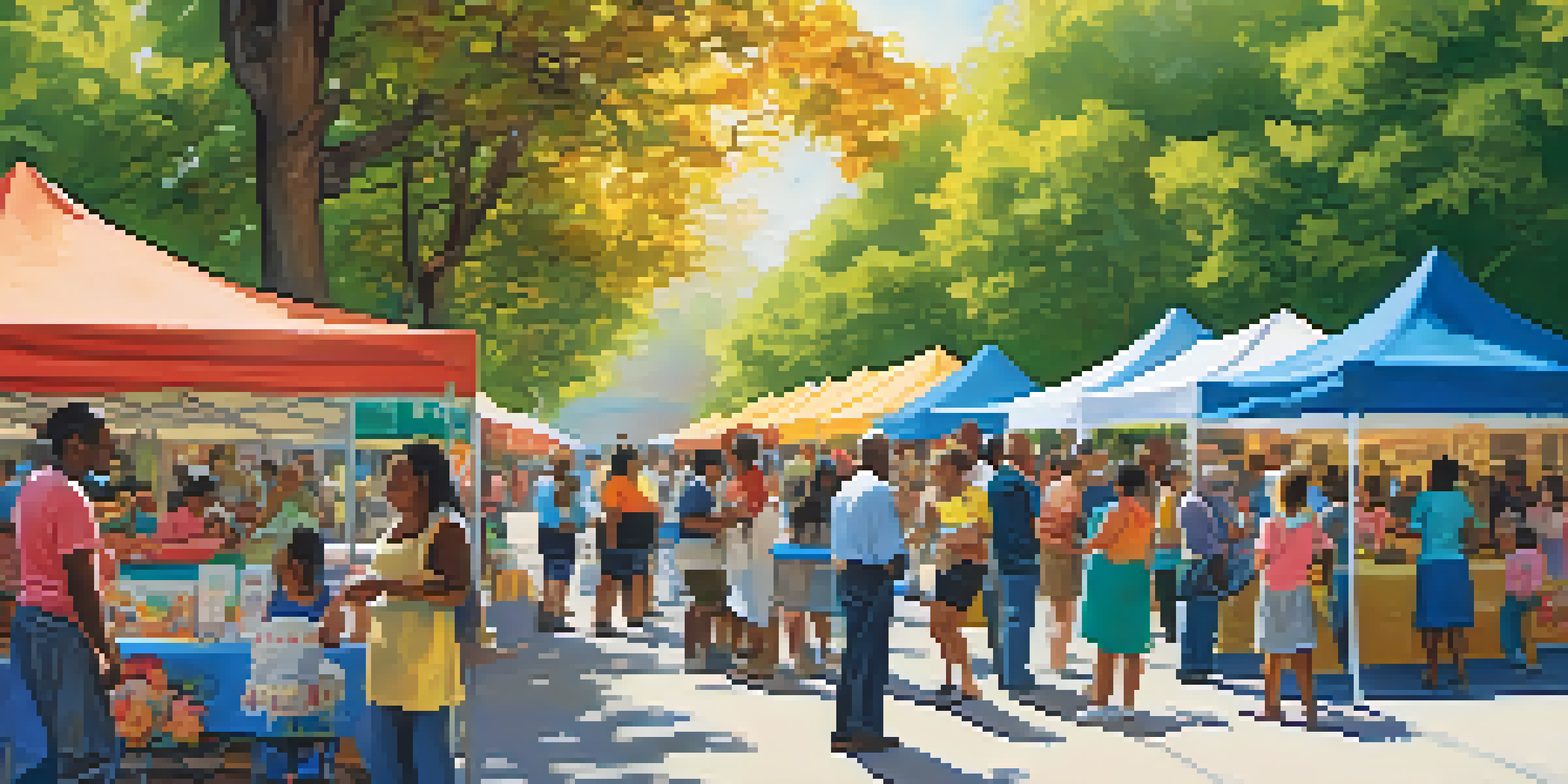 A community health fair with diverse participants engaging in various health activities under bright sunlight.