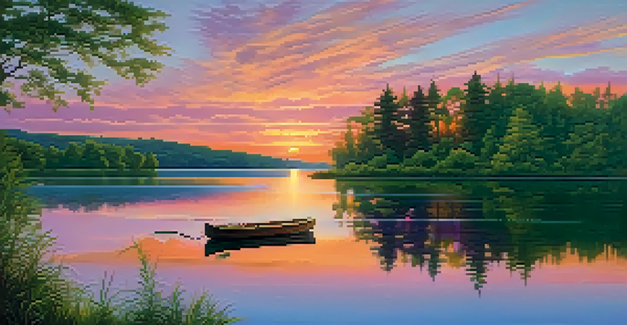 A beautiful sunset over a calm lake surrounded by greenery, with a wooden boat on the water.