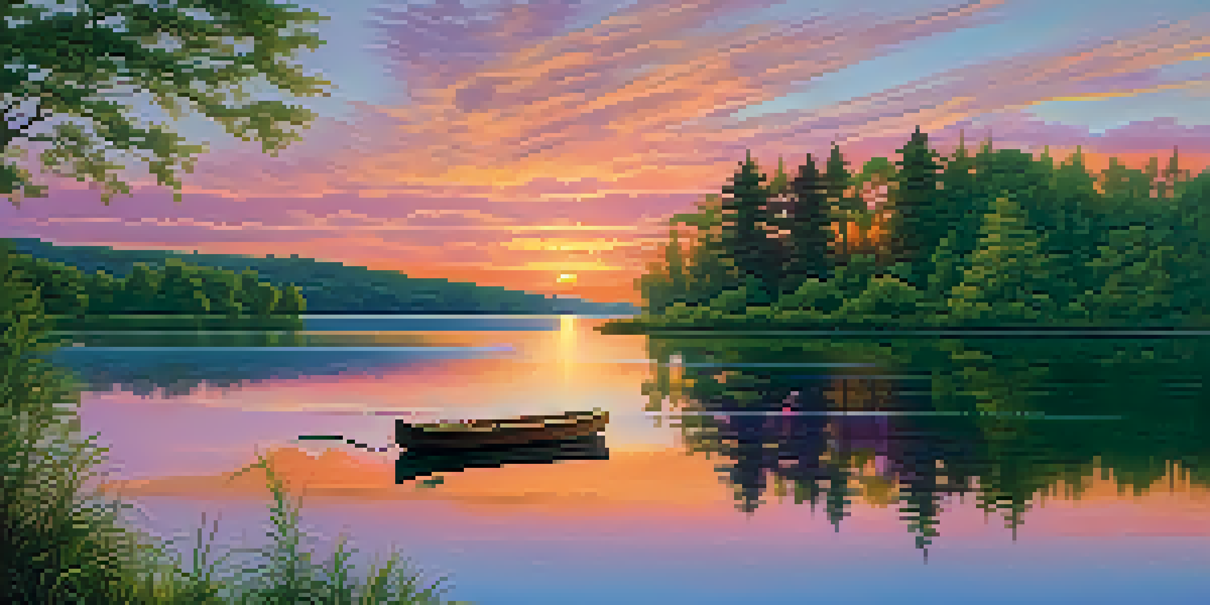 A beautiful sunset over a calm lake surrounded by greenery, with a wooden boat on the water.