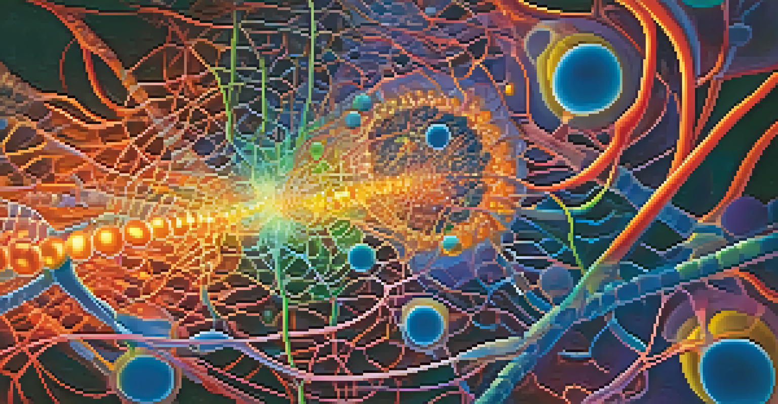 An abstract representation of proteins interacting within a cell, with vibrant colors and glowing structures illustrating their complexity.