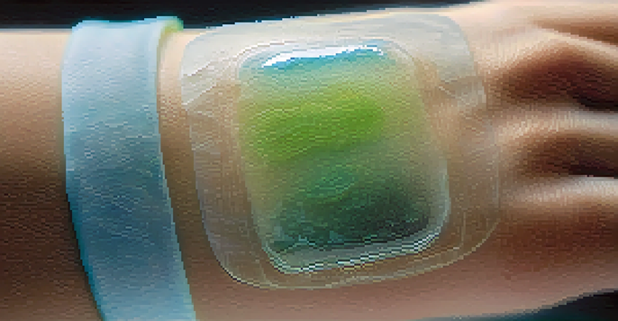 A close-up of a smart hydrogel patch applied to a human arm, displaying its clear texture and moisture retention under soft lighting.