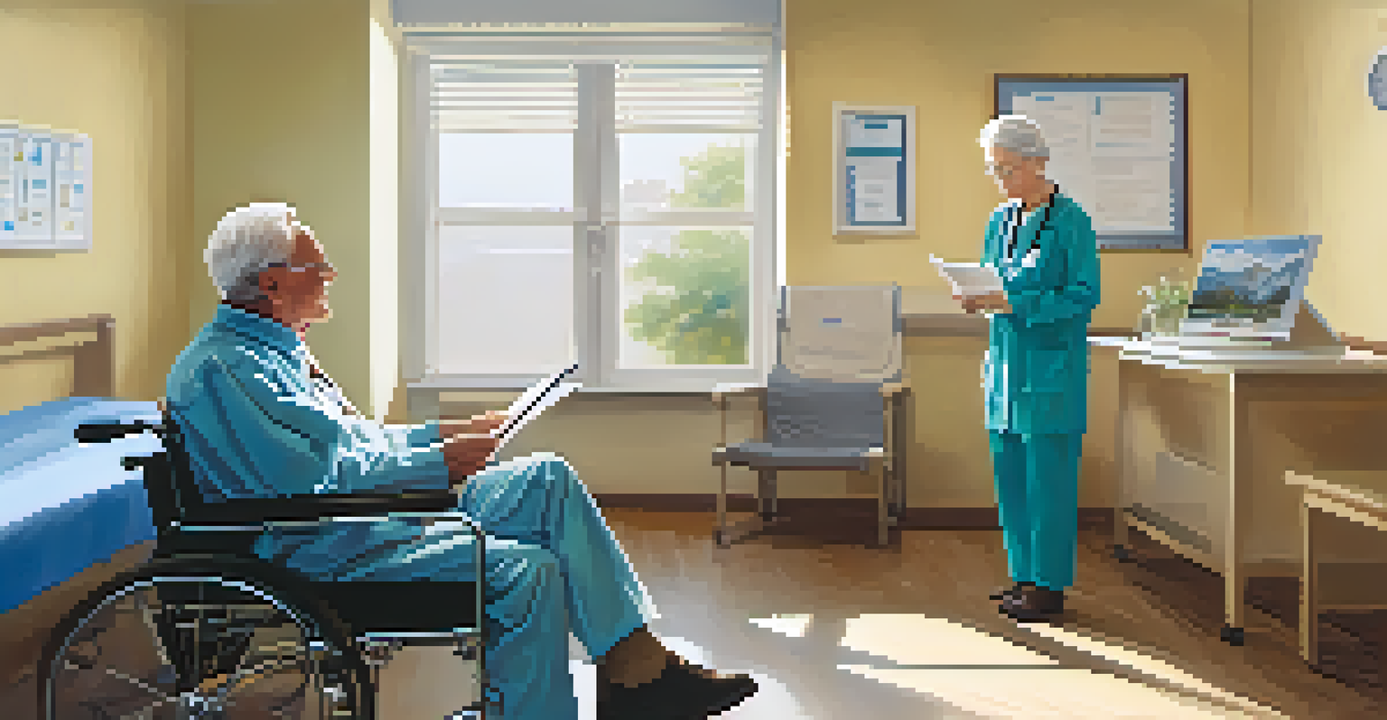 A healthcare professional discussing a care plan with an elderly man in a clinic.
