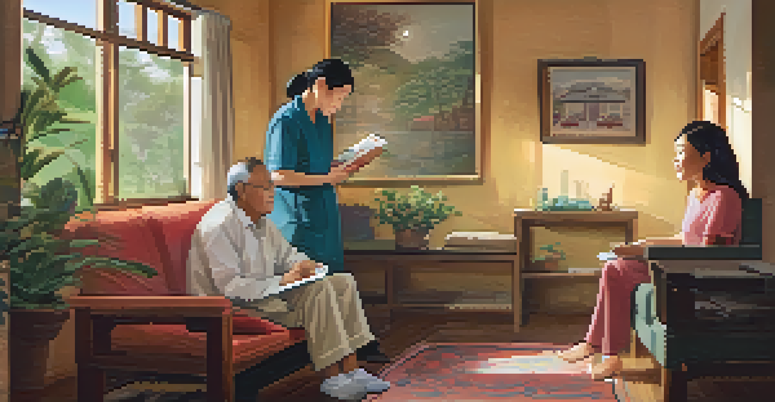 A community health worker, an Asian woman, assists an elderly man in a cozy living room filled with personal items and sunlight.