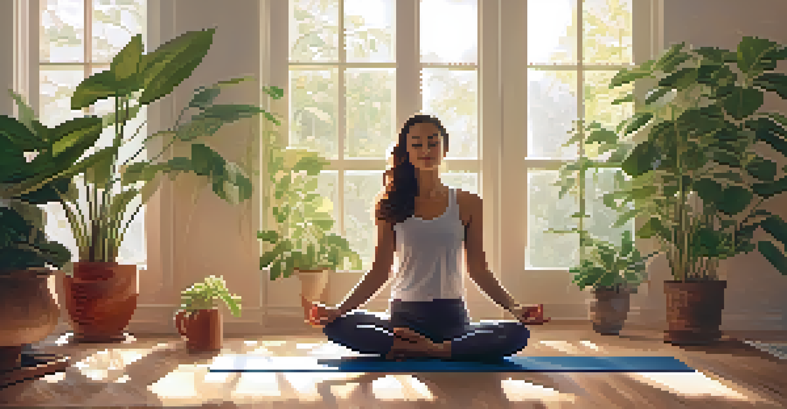 A woman practicing yoga in a sunlit room surrounded by plants, promoting relaxation and well-being.