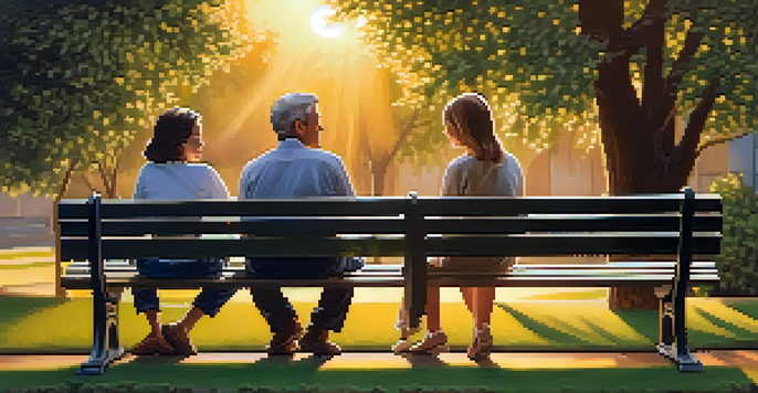 A family sitting together on a bench in a garden at sunset, sharing a tender moment.