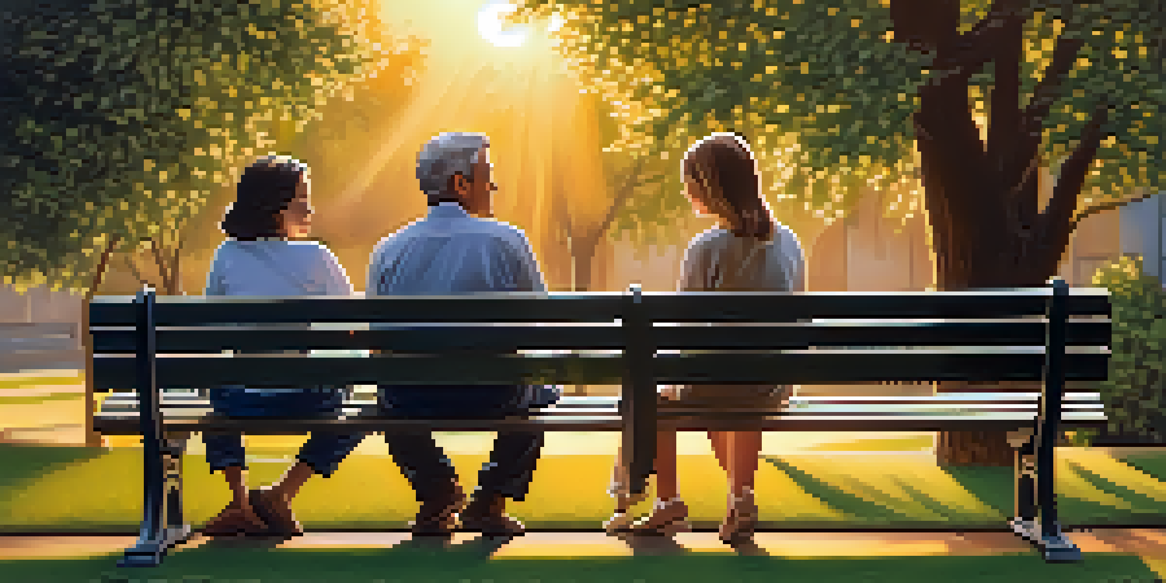 A family sitting together on a bench in a garden at sunset, sharing a tender moment.