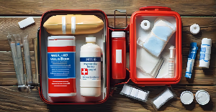 An open first-aid kit displaying medical supplies like band-aids and antiseptic wipes on a wooden table, illuminated by soft natural light.
