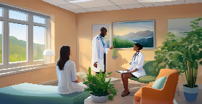 A healthcare professional providing counseling to a patient in a bright and inviting office filled with plants and soft lighting.