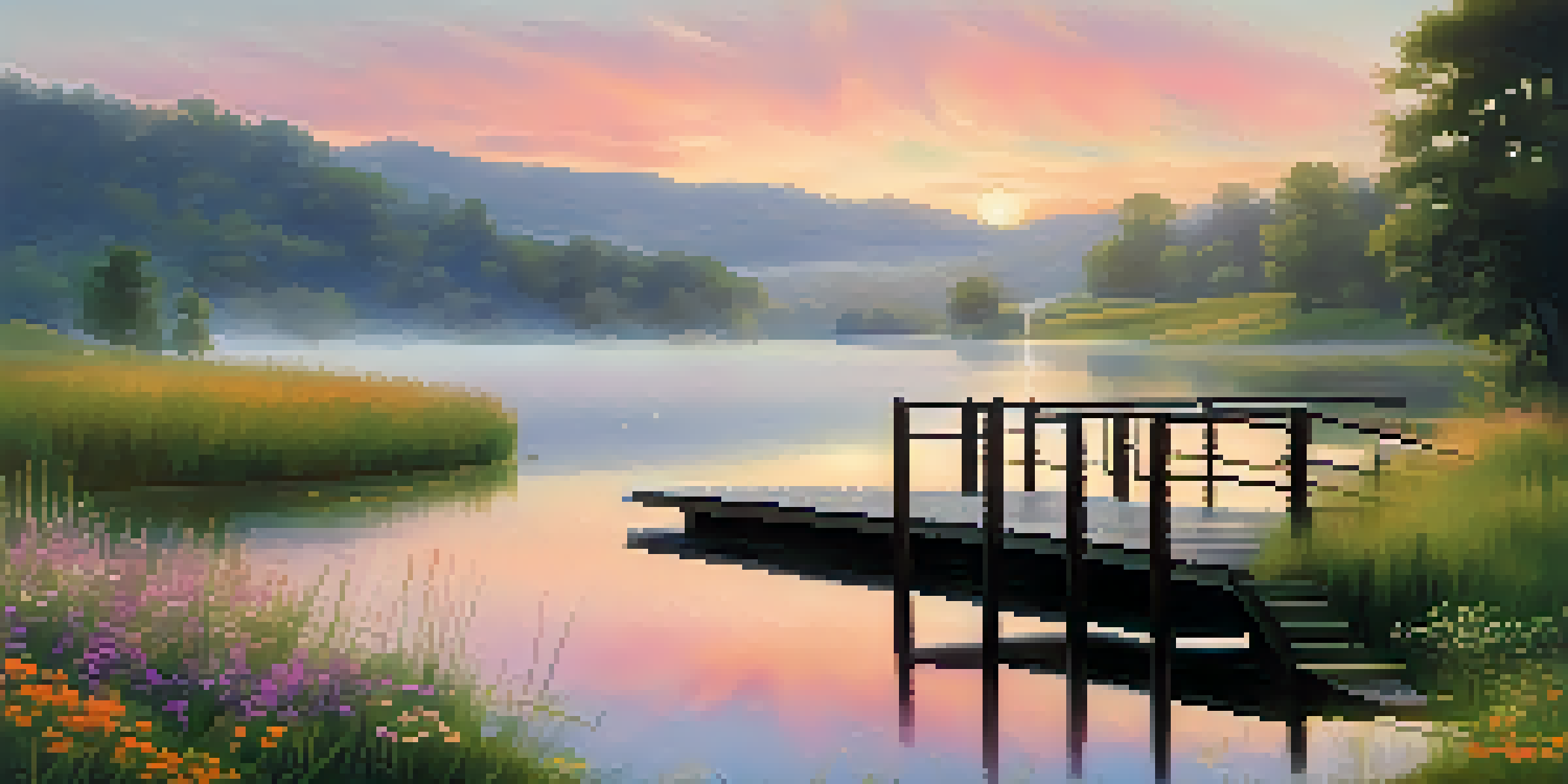 A beautiful sunrise over a calm lake with mist, surrounded by green grass and wildflowers.