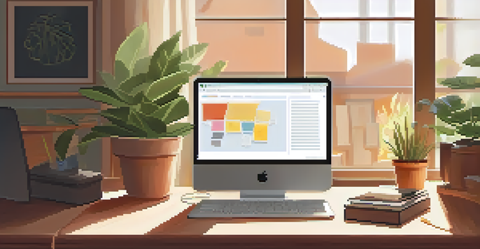 A warm and inviting home office with a wooden desk, a laptop displaying health articles, and a potted plant, illuminated by soft sunlight.
