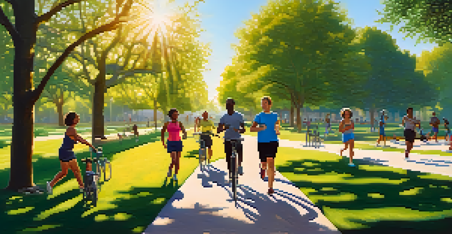 A diverse group of people exercising in a park, including jogging, cycling, and doing yoga, with greenery and a blue sky in the background.