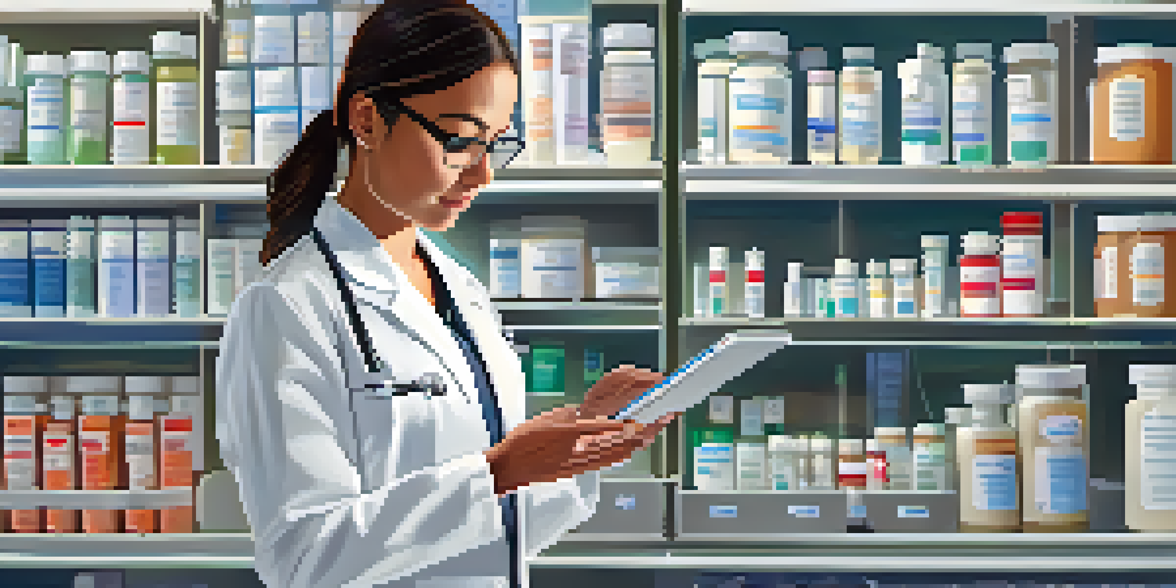 A clinical pharmacist reviewing medication charts on a tablet in a bright hospital pharmacy, surrounded by shelves of medicine.