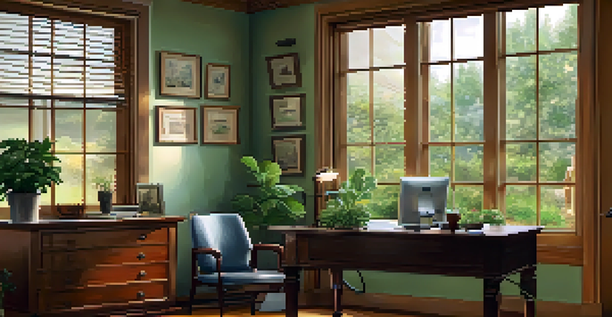 A doctor's office with a comfortable examination room, soft lighting, a wooden desk, and a large window with natural light.