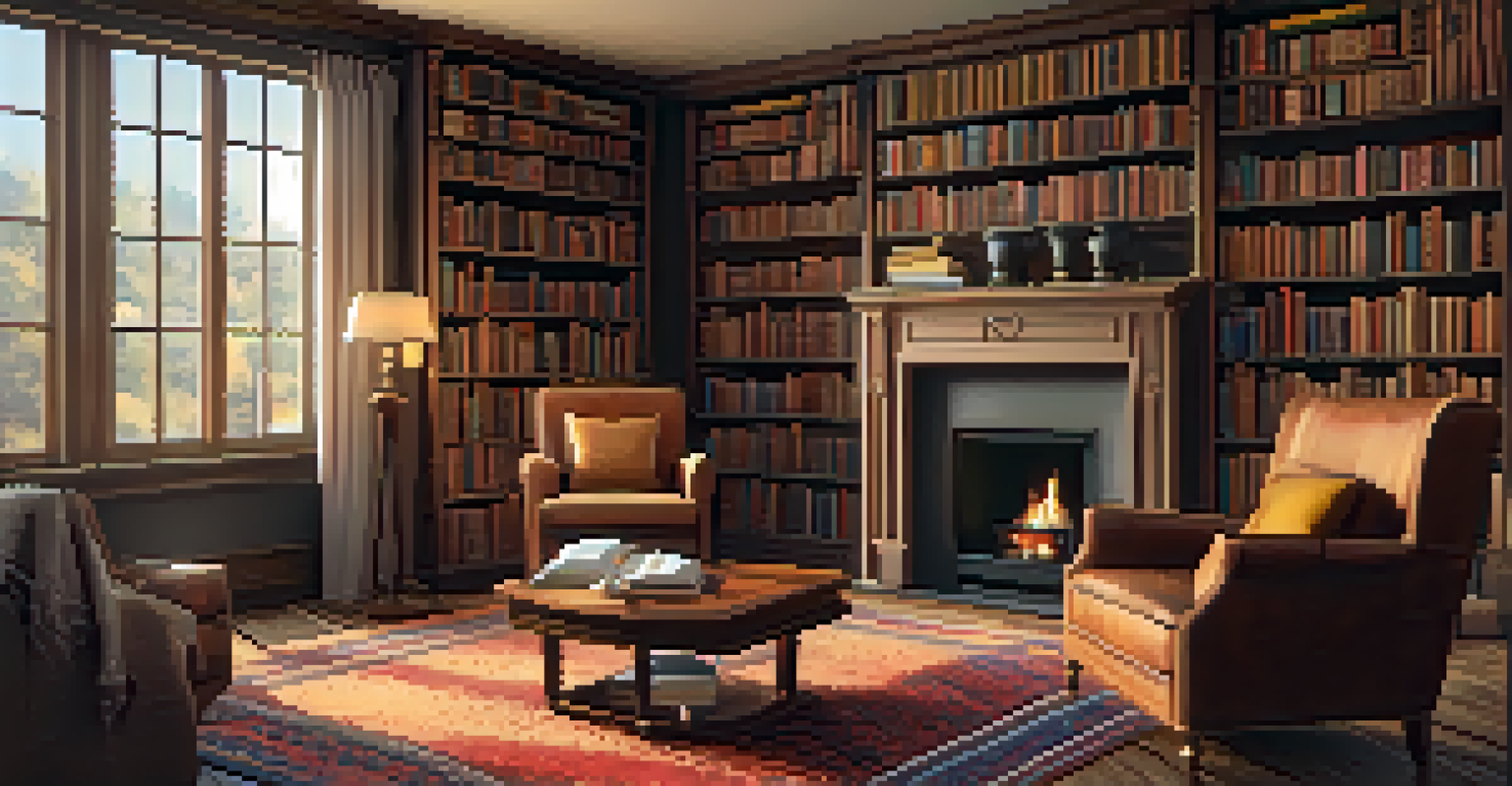 A cozy room with a fireplace, an armchair, and bookshelves, creating a warm and inviting atmosphere.