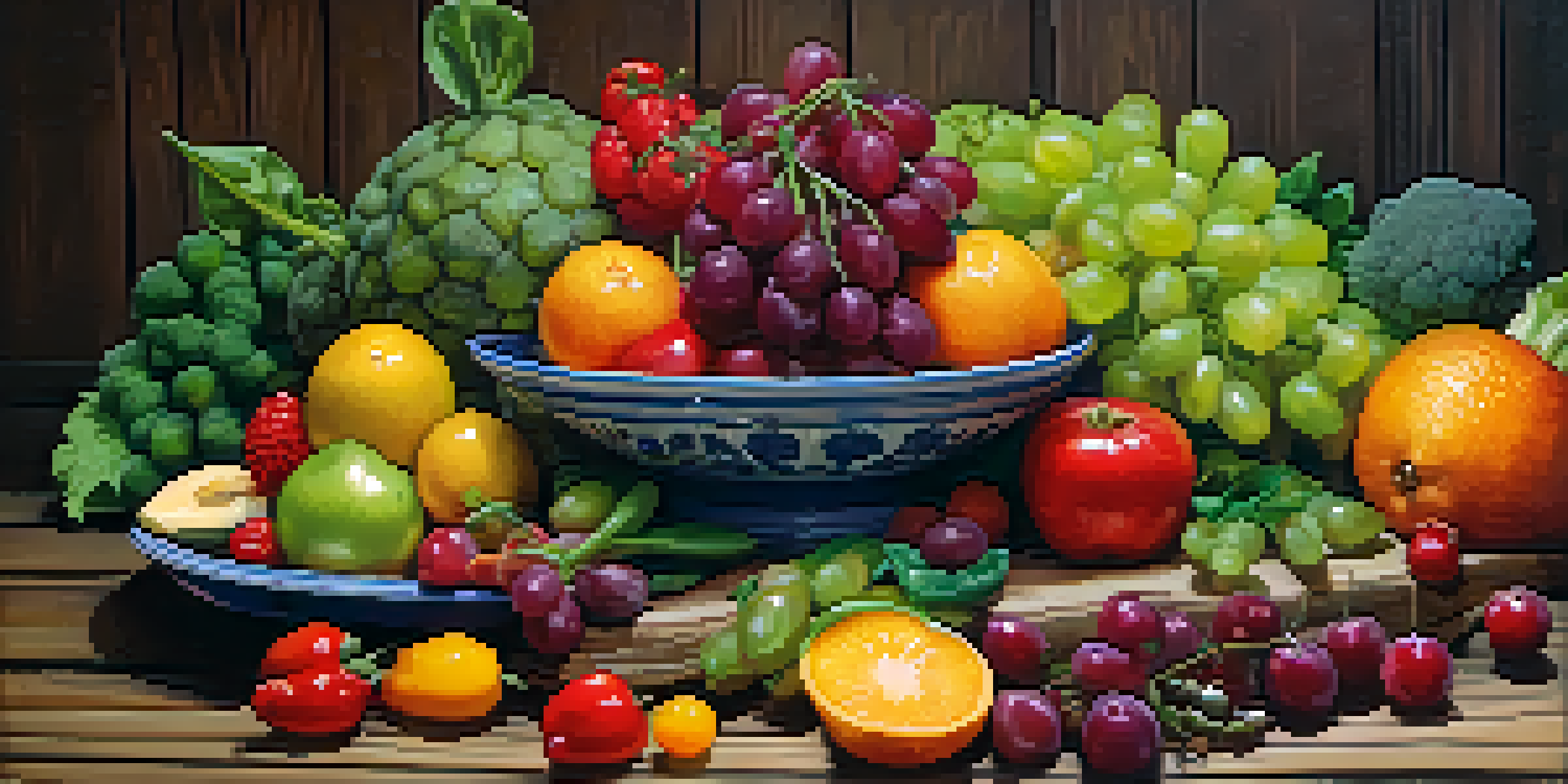 A colorful arrangement of fresh fruits and vegetables on a rustic wooden table, well-lit with natural light.