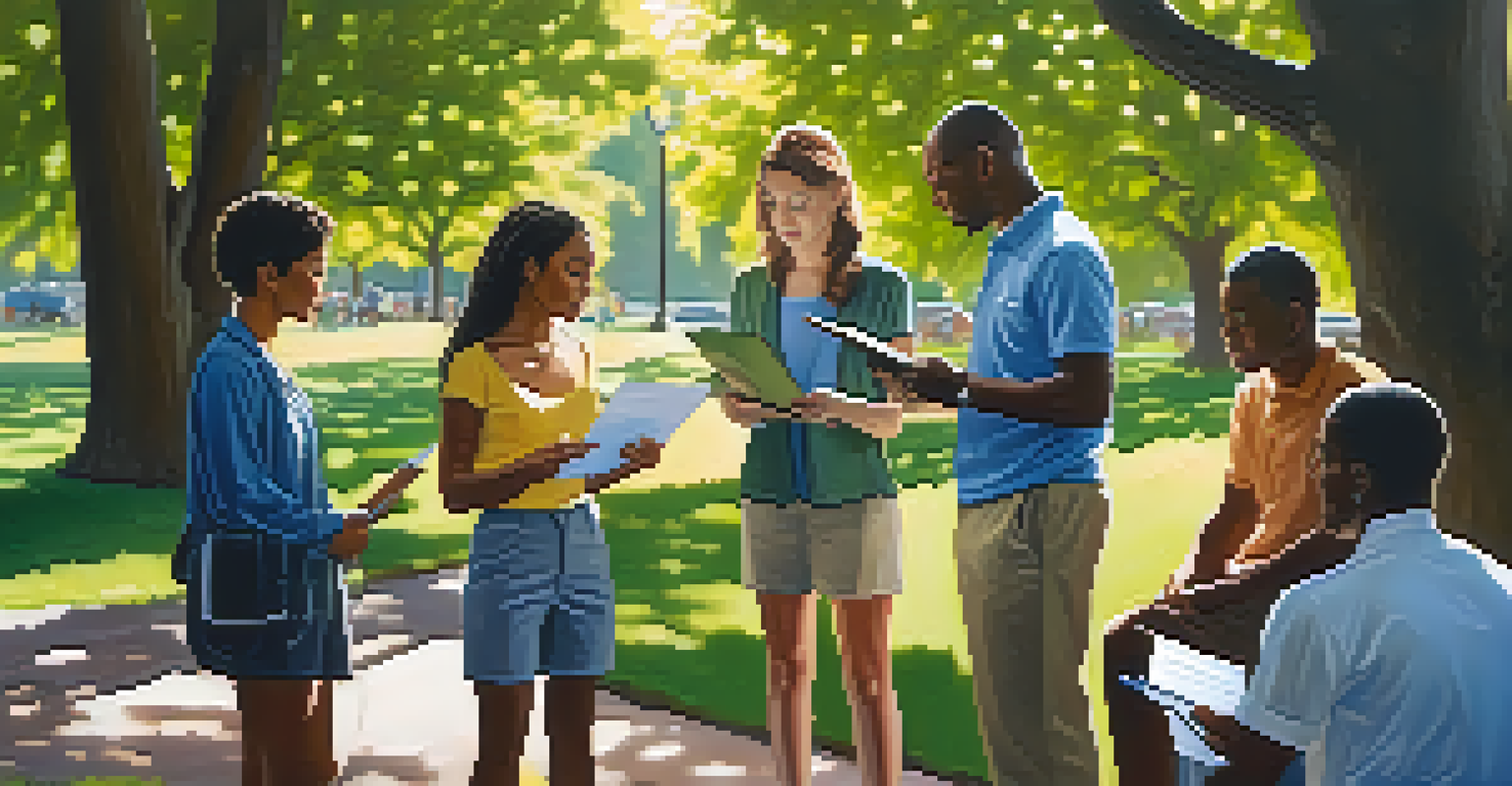 A group of diverse people in a park conducting a health survey, with sunlight filtering through trees and a vibrant green grass background.