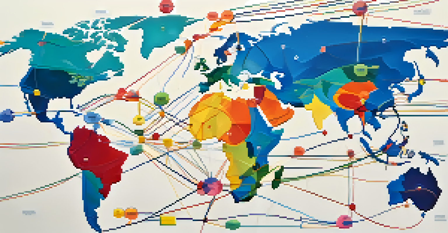 An abstract representation of global health collaboration, featuring a world map with interconnected nodes and bright colors.