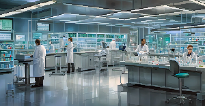 A laboratory scene with scientists working on vaccine platforms, displaying vials and charts about mRNA and DNA vaccines.