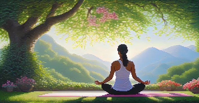 A person practicing yoga in a peaceful outdoor environment with greenery and flowers, embodying tranquility.