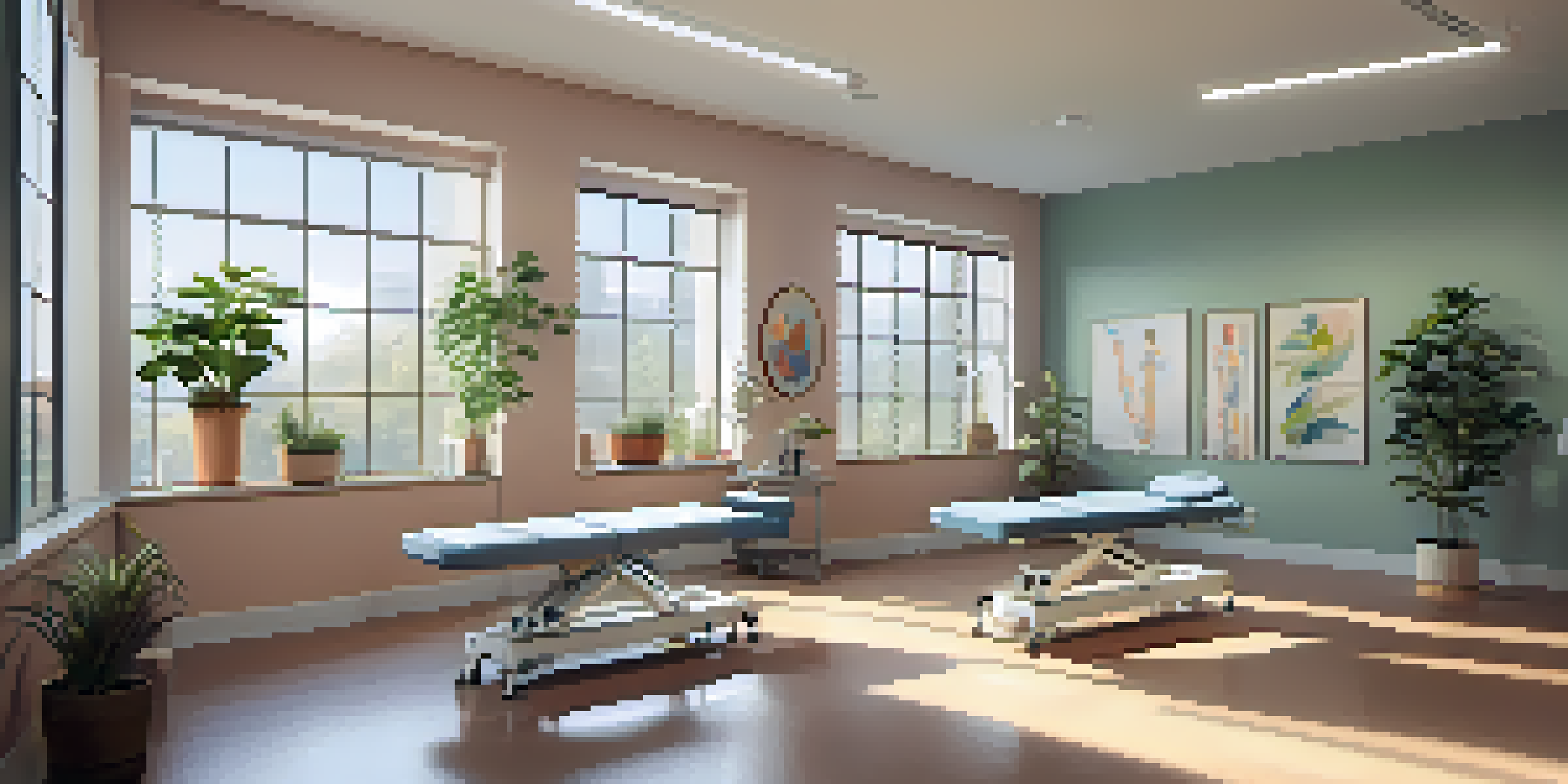 A peaceful physical therapy room with a therapist assisting a patient in stretching exercises, surrounded by natural light and rehabilitation equipment.