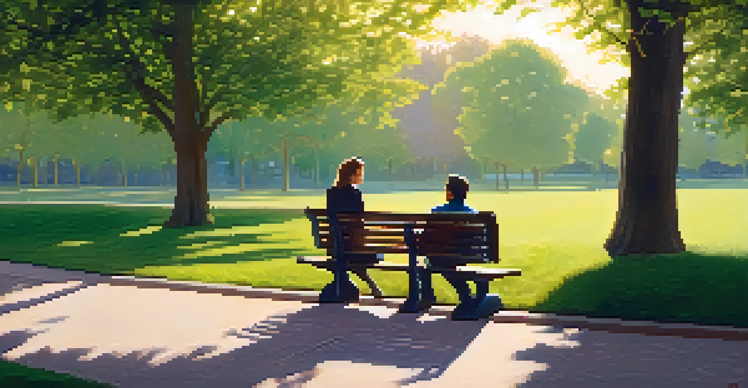 A person having a conversation with a therapist on a park bench surrounded by greenery.