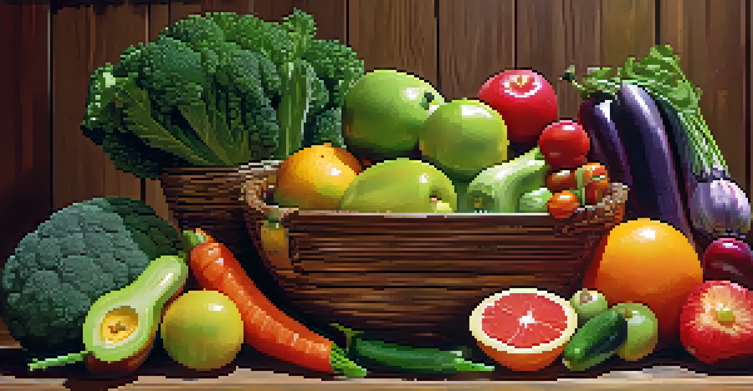 A colorful arrangement of fresh fruits and vegetables on a wooden table, with a measuring tape beside them.