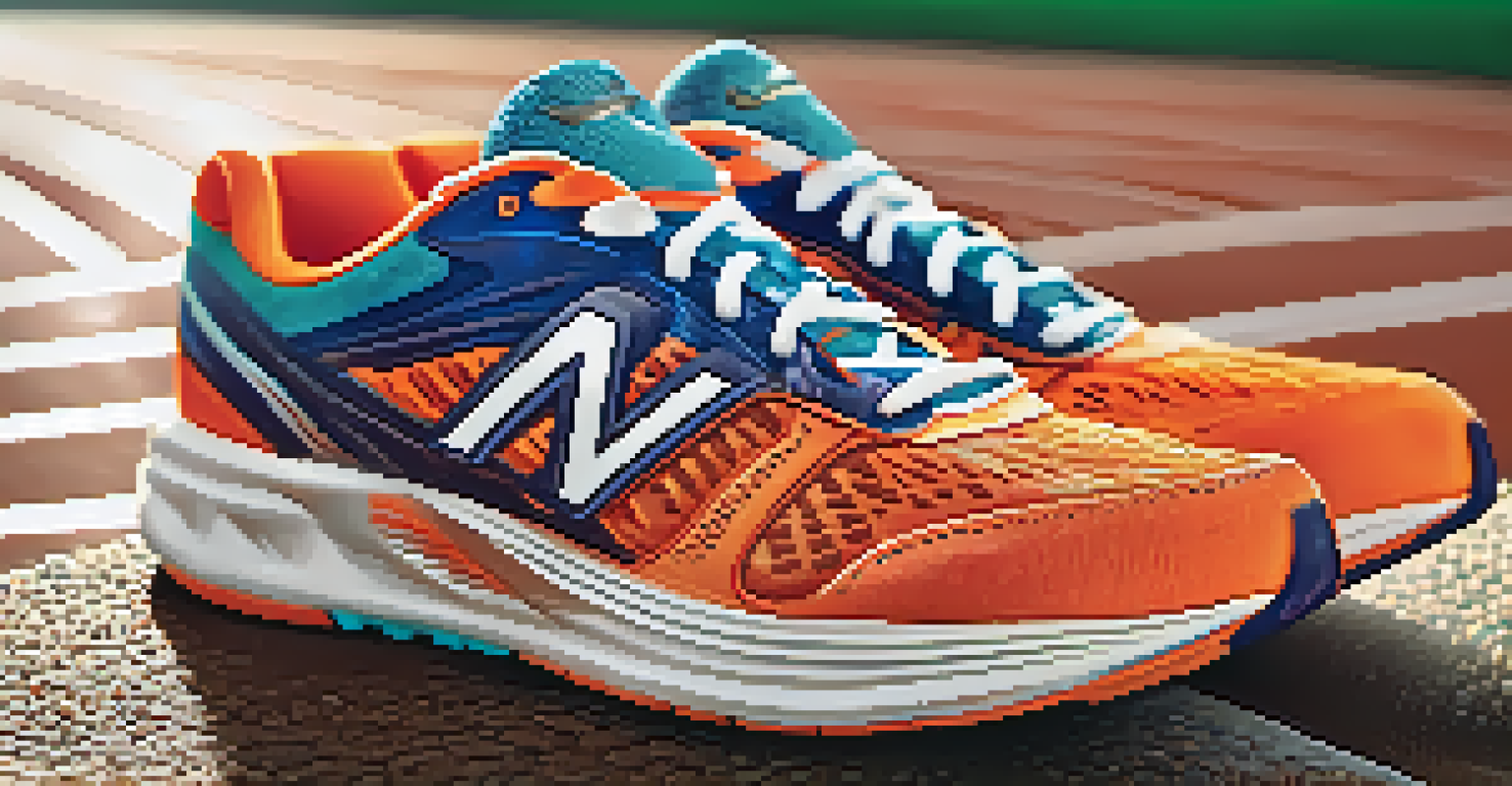 Close-up of colorful high-performance running shoes on a running track, highlighting their breathable material and cushioning.