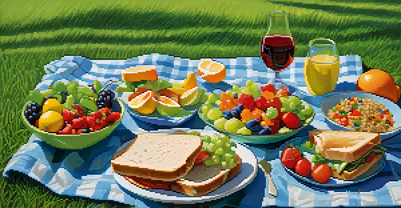 A picnic spread with healthy foods on a blanket in a lush green park, under a clear blue sky.
