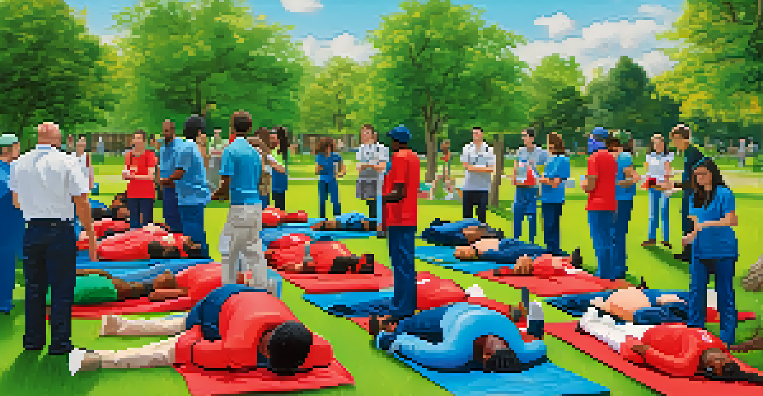 Community members participating in a first aid training session in a park, practicing CPR on mannequins under a bright blue sky.