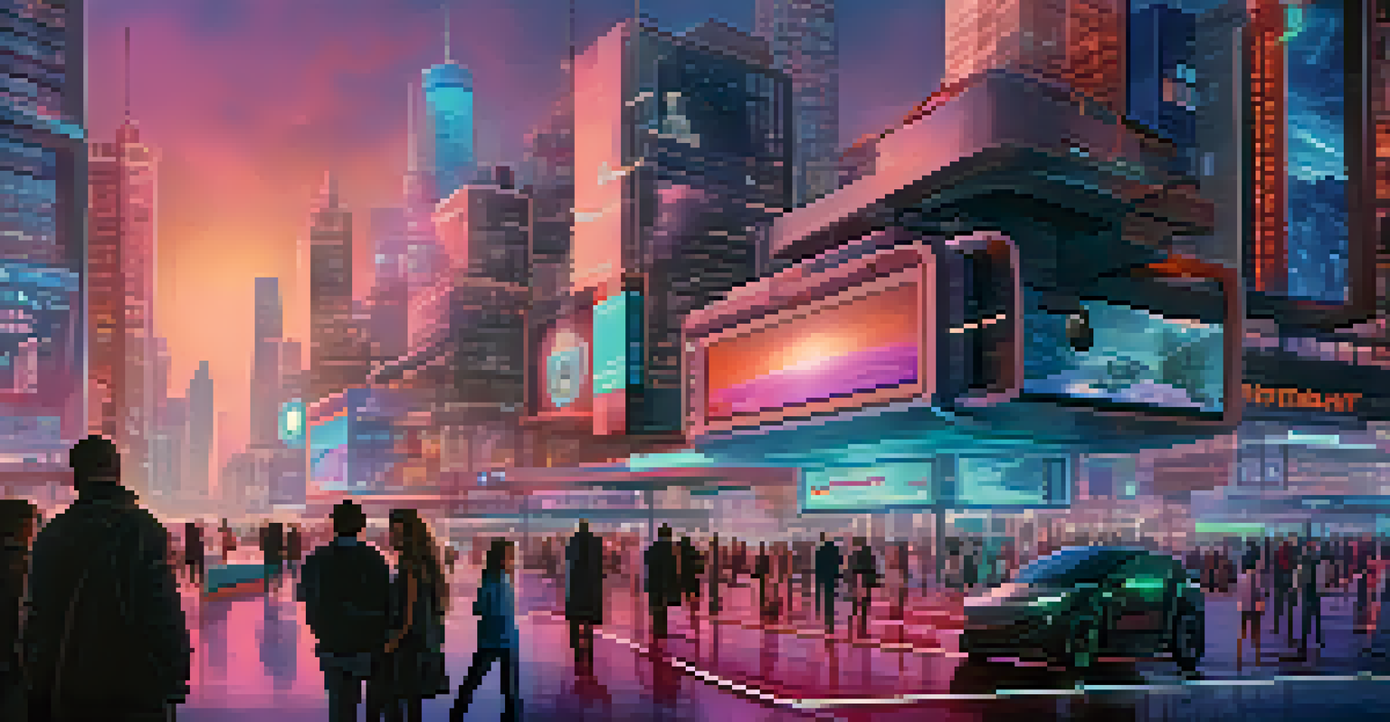 A futuristic cityscape with drones delivering medical supplies, people using health apps, and digital health analytics billboards, illuminated by neon lights.