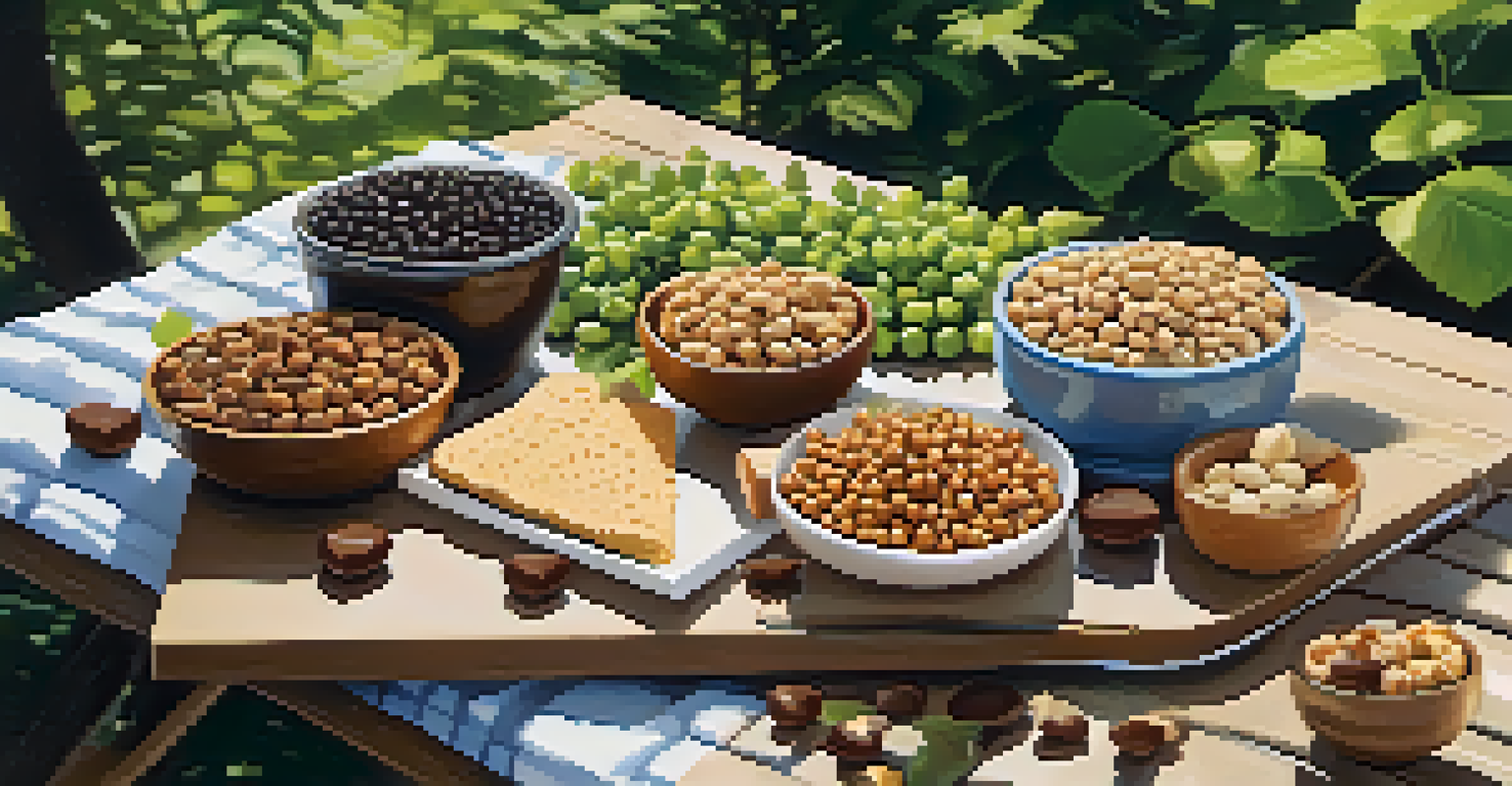 A picnic table with mixed nuts, chickpeas, and dark chocolate surrounded by greenery, illuminated by soft natural light.