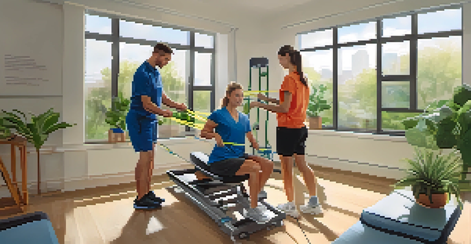 A physical therapist showing an athlete how to perform a knee exercise with resistance bands in a sunny rehabilitation clinic.