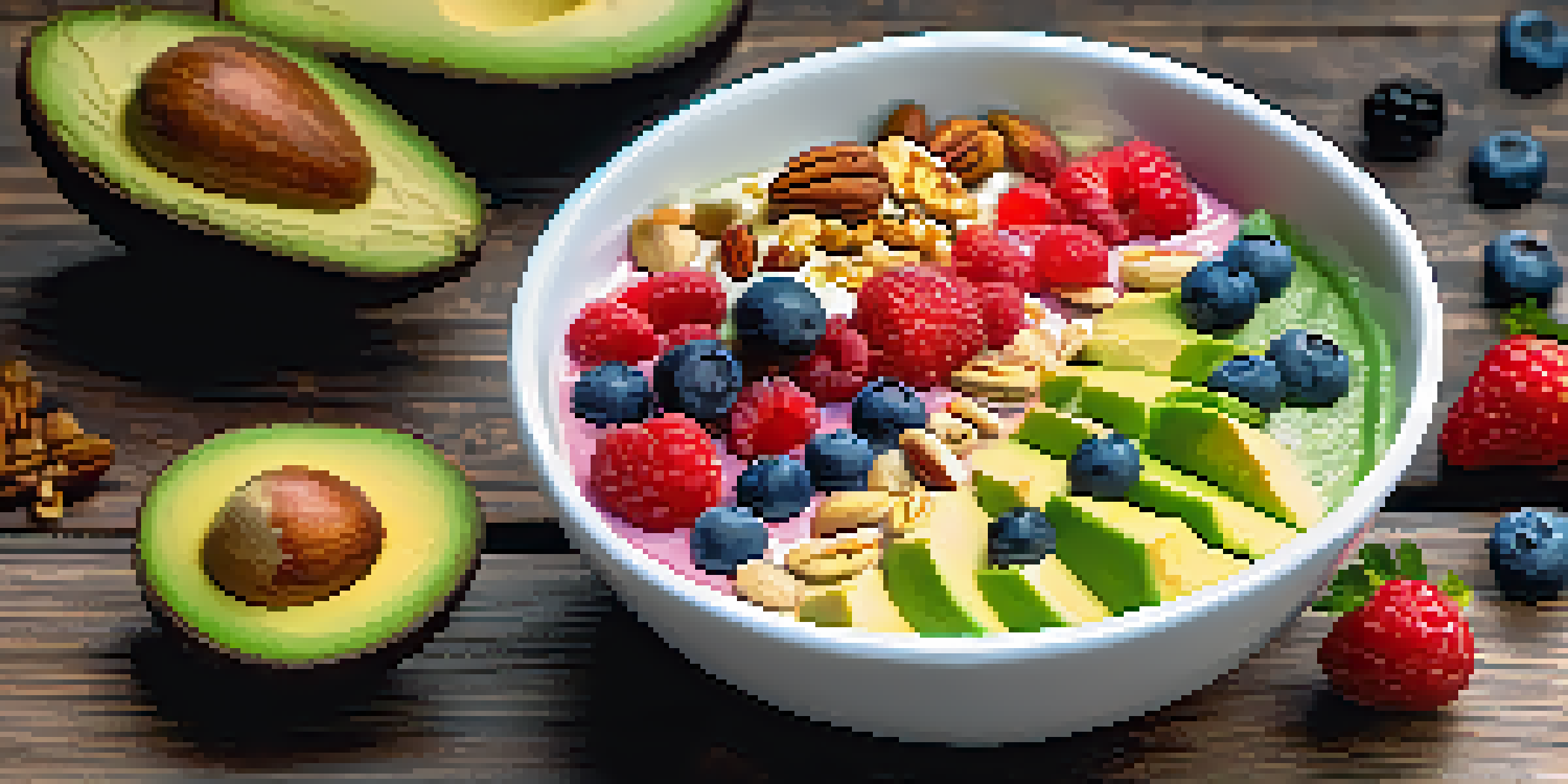 A colorful smoothie bowl filled with fresh berries, avocado slices, and nuts, illuminated by natural sunlight.