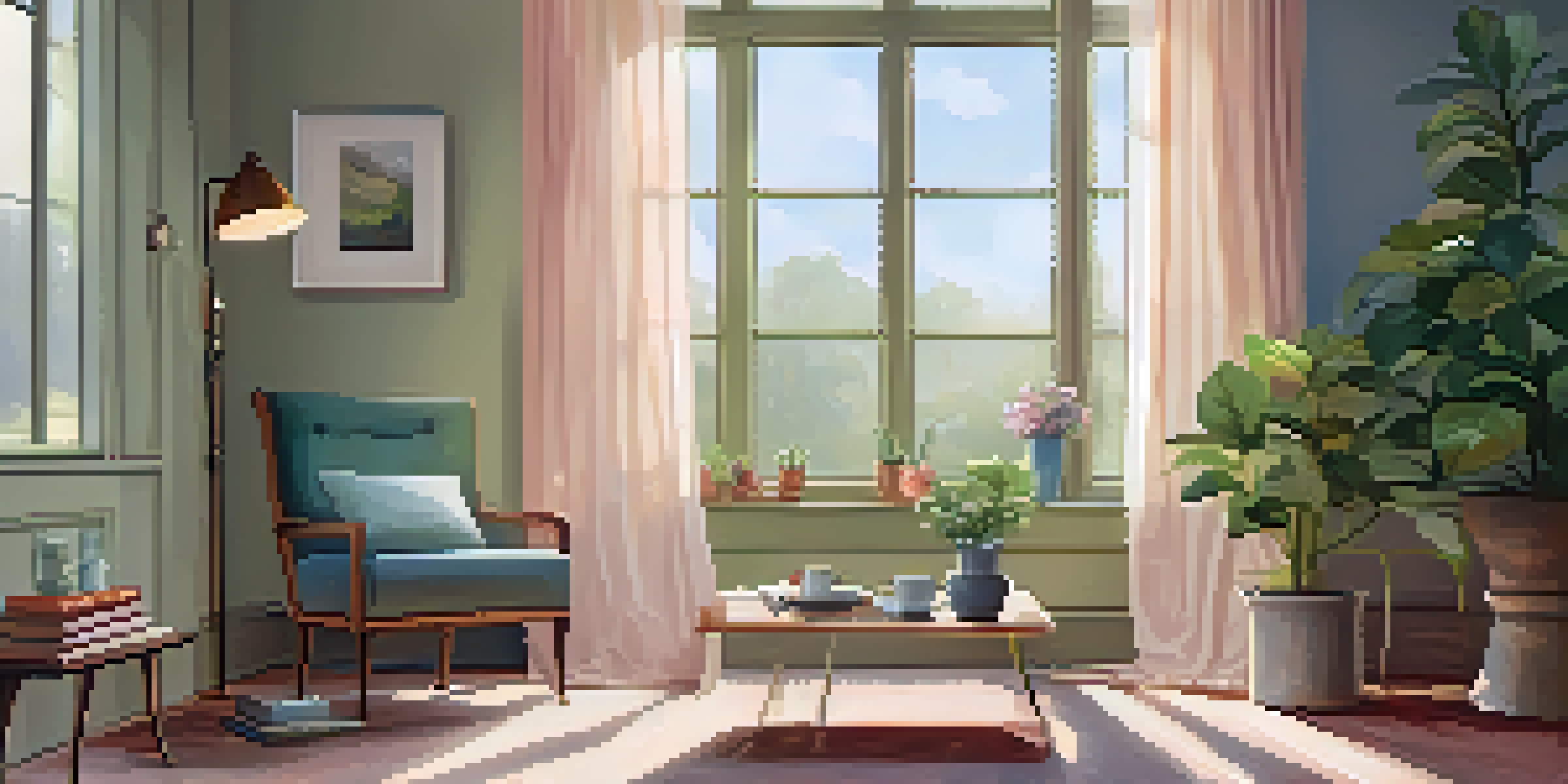 A cozy, well-lit room featuring an armchair, a coffee table with books, and a potted plant.