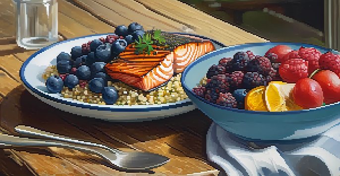 A balanced meal plate with grilled salmon, roasted vegetables, quinoa, and mixed berries on a wooden table.