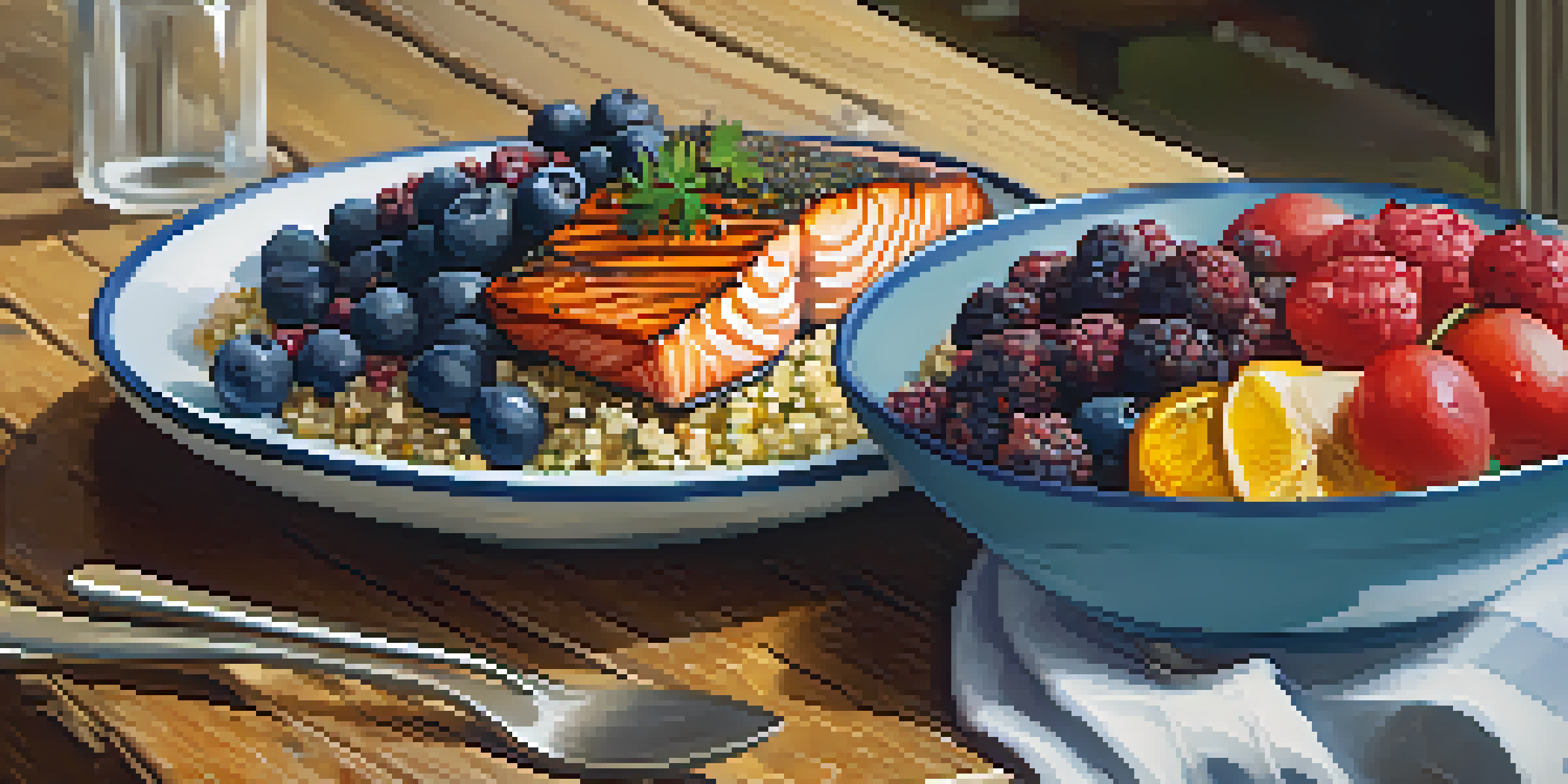 A balanced meal plate with grilled salmon, roasted vegetables, quinoa, and mixed berries on a wooden table.