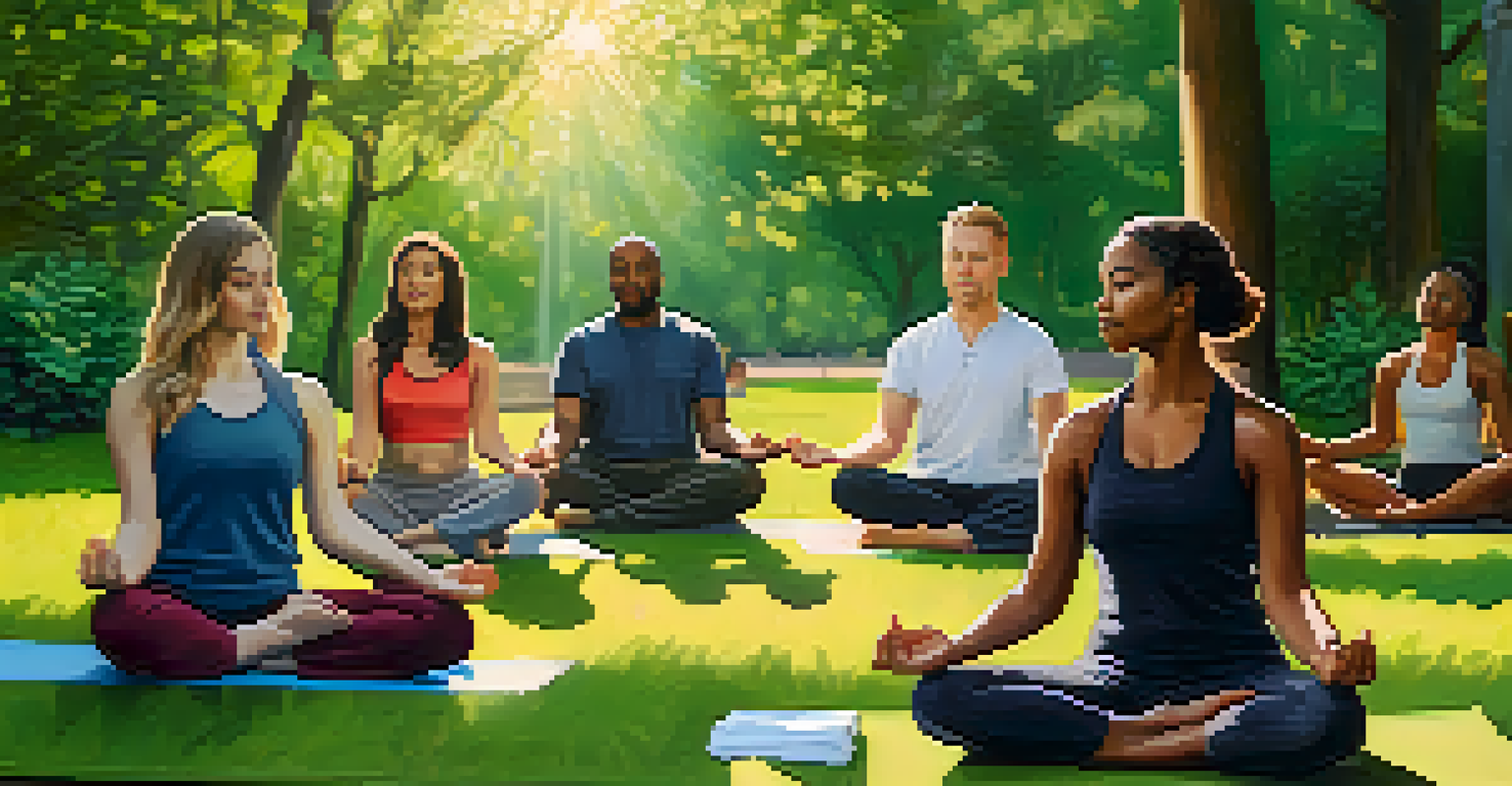 A diverse group of people meditating in a park, surrounded by greenery, embodying a peaceful and communal atmosphere.