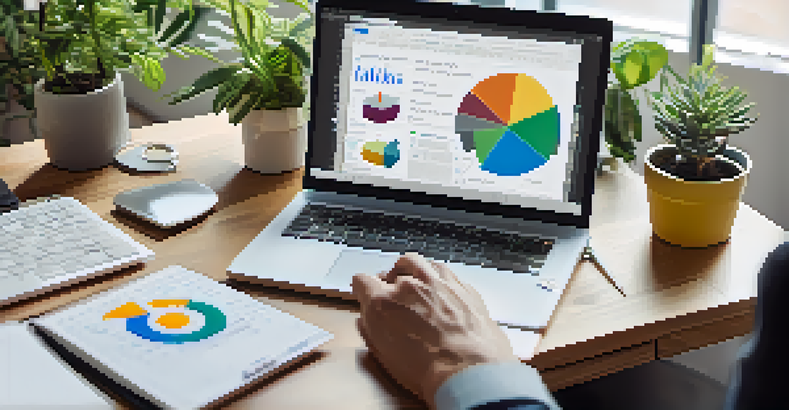 Close-up of a healthcare professional's hands typing on a laptop with charts and a notepad on a desk.
