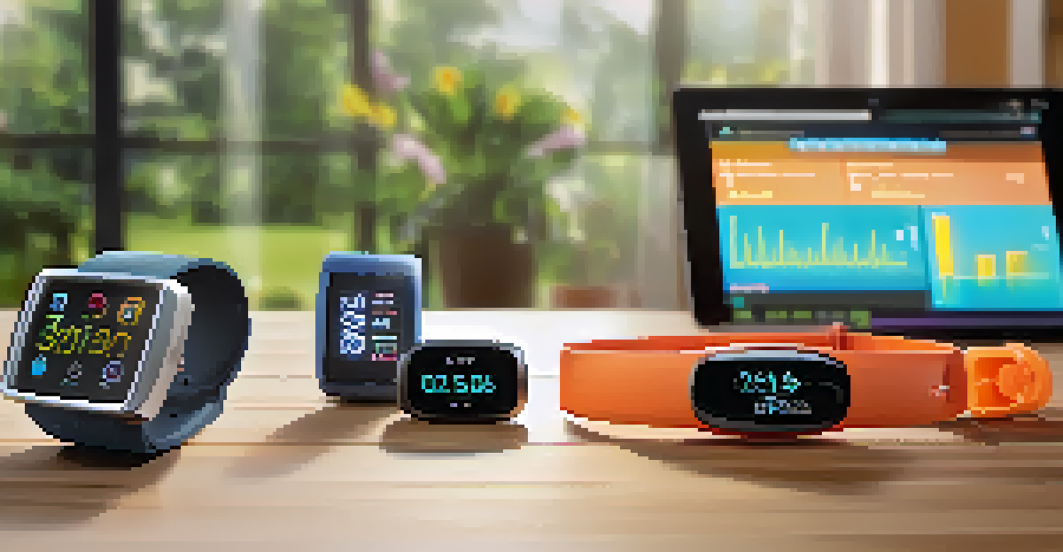 Various wearable health devices and a smartphone on a table in a modern living room.