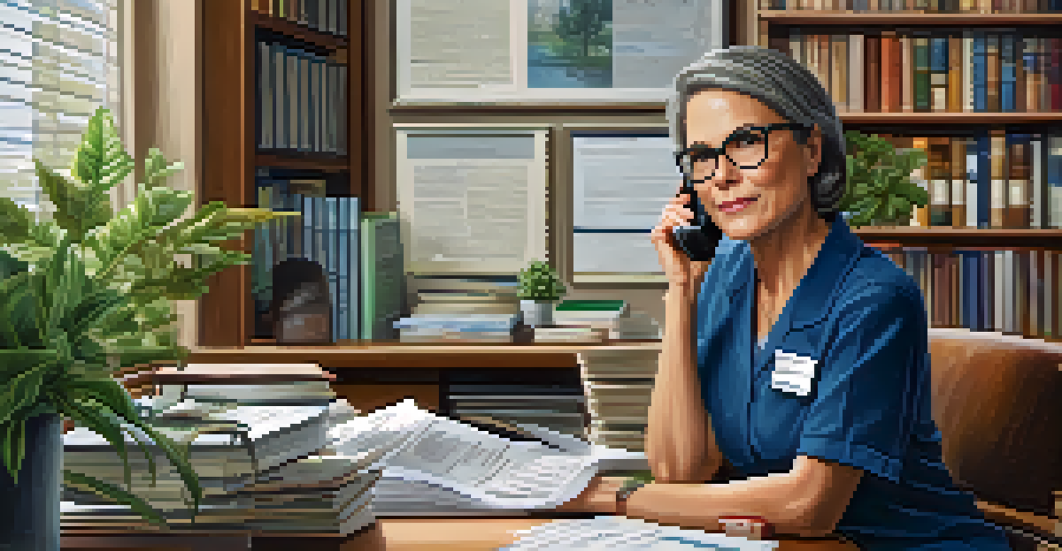 A middle-aged woman with glasses sitting at a desk, engaged in a phone call surrounded by health-related materials.