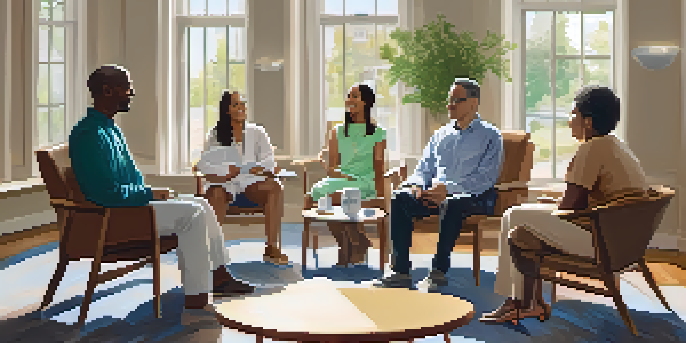 A group of diverse individuals participating in a supportive therapy session, sharing experiences related to chronic disease management in a bright and welcoming room.