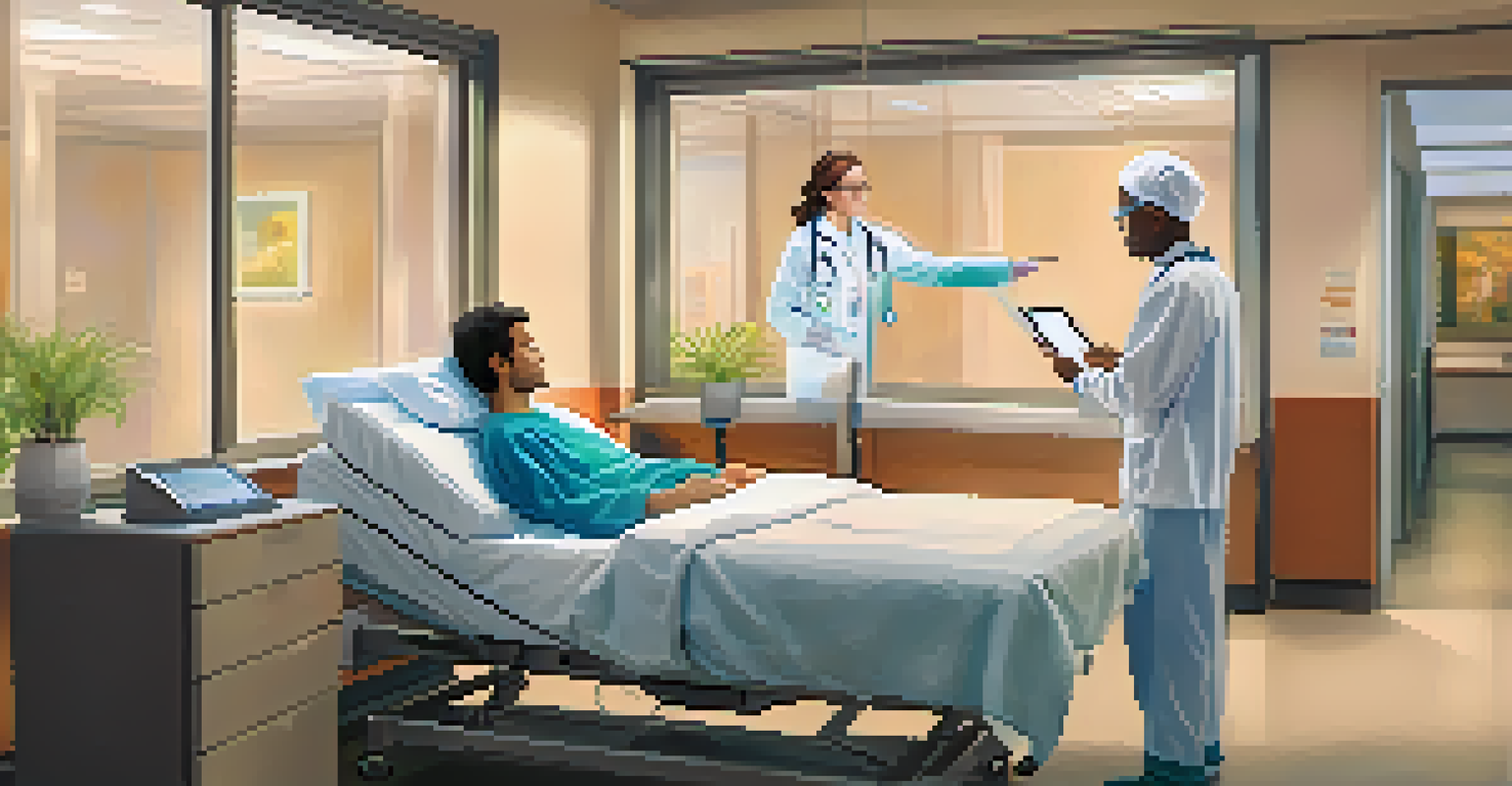 A doctor explaining stem cell therapy to a patient in a warm, well-lit hospital room, with a digital tablet displaying images of stem cells.