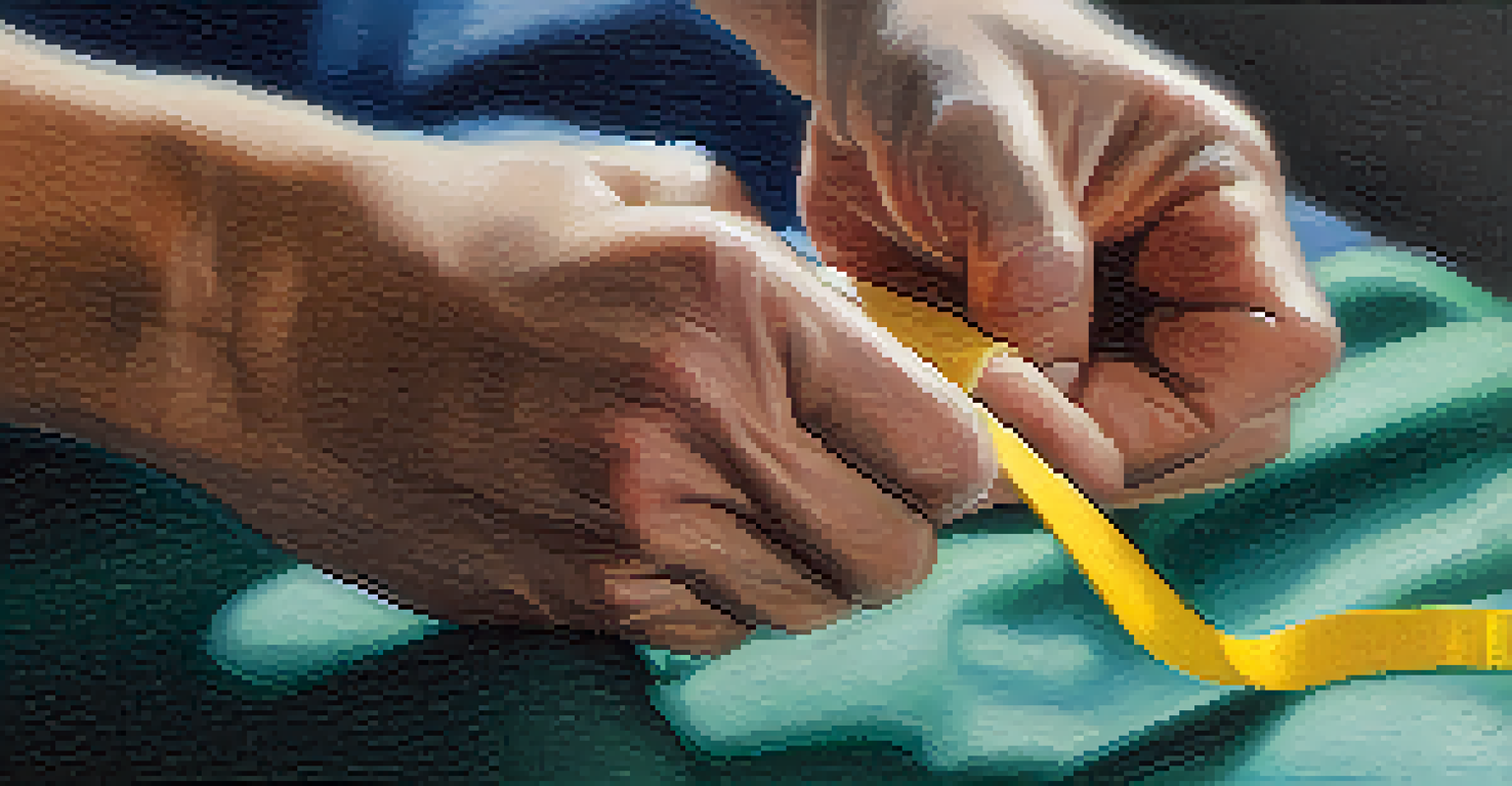 A close-up of a patient's hand gripping a resistance band, emphasizing the effort and determination involved in physical therapy exercises.