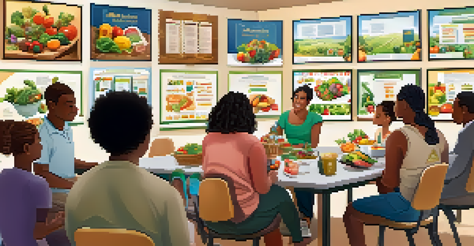 A nutrition workshop with a diverse group of people learning about healthy eating, colorful food pyramid visuals, and engaging discussions.