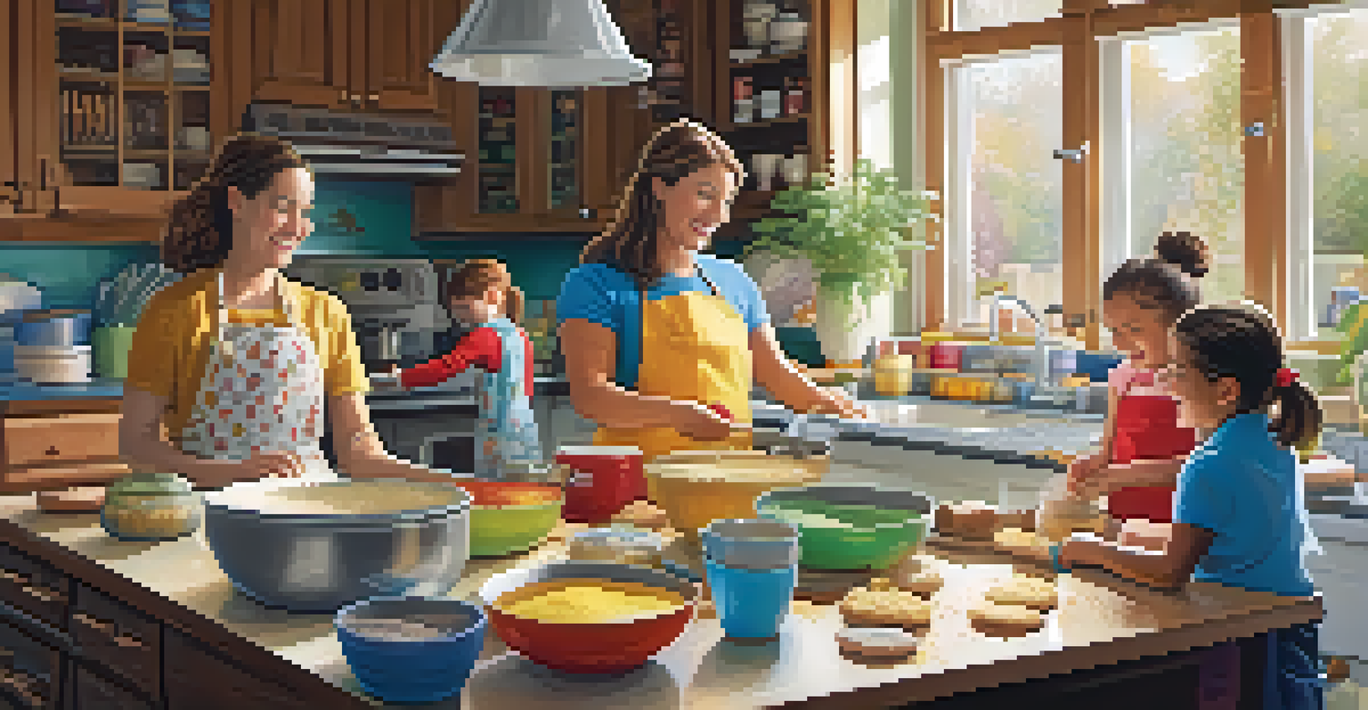 A family baking together in a bright kitchen, with children and parents smiling amidst flour and baking ingredients.