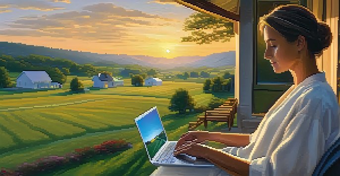 A patient on a porch having a telehealth consultation with a laptop, set in a peaceful rural landscape with a small clinic and rolling hills in the background.